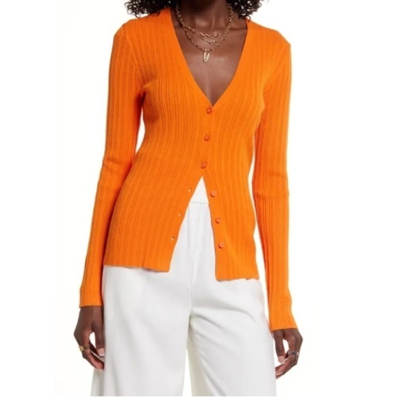 Open Edit Slim Fit Ribbed Cardigan Orange Safety Medium - Picture 1 of 4